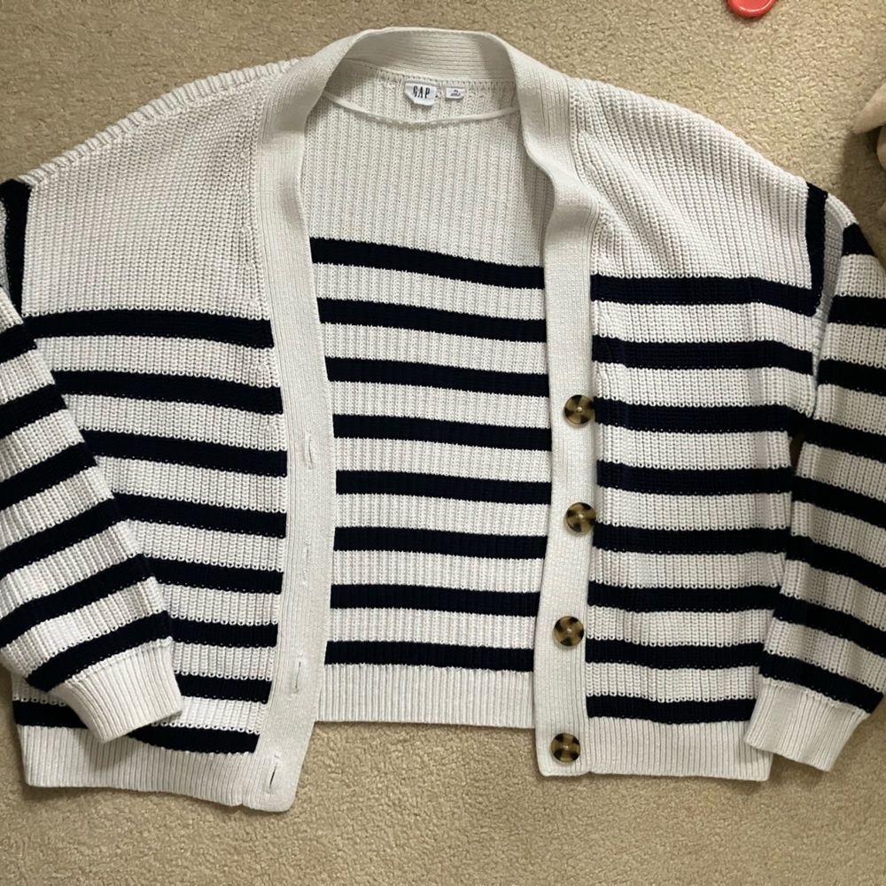 Gap Cropped Knit Blue and Cream Striped Cardigan